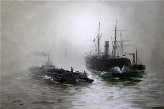 Edwin Fletcher (1857-1945) Merchantmen in the mist 20 x 29in.